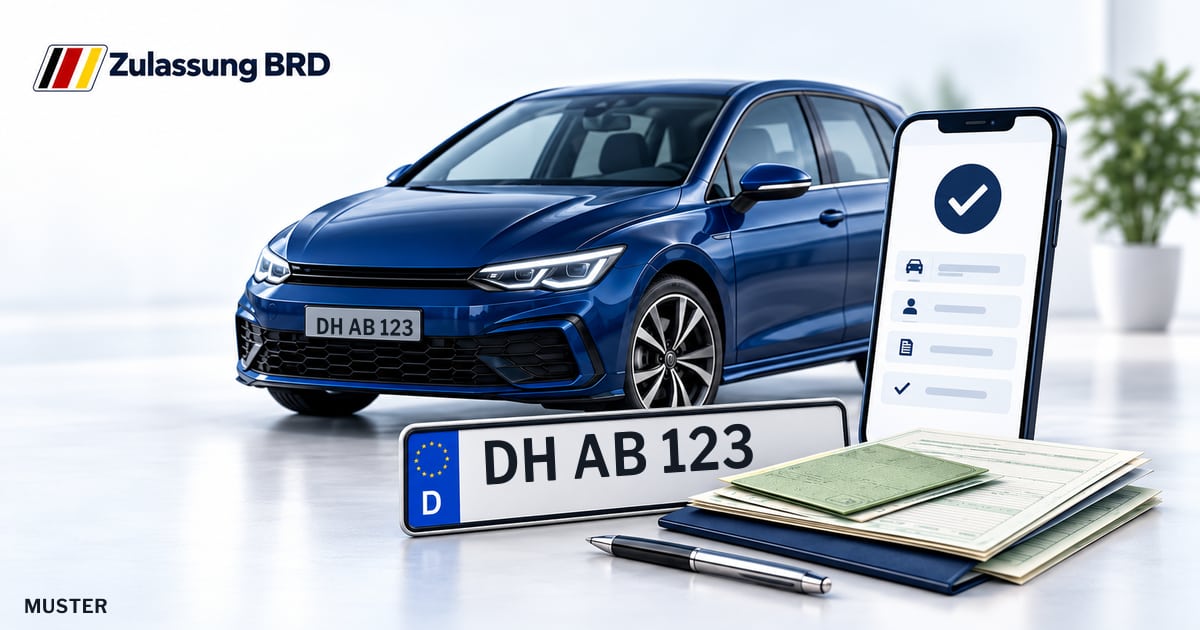 Online Fahrzeugzulassung in Weyhe: Musterkennzeichen DH AB 123, Auto und Fahrzeugpapiere und Smartphone. Illustration mit Logo von Zulassung BRD.